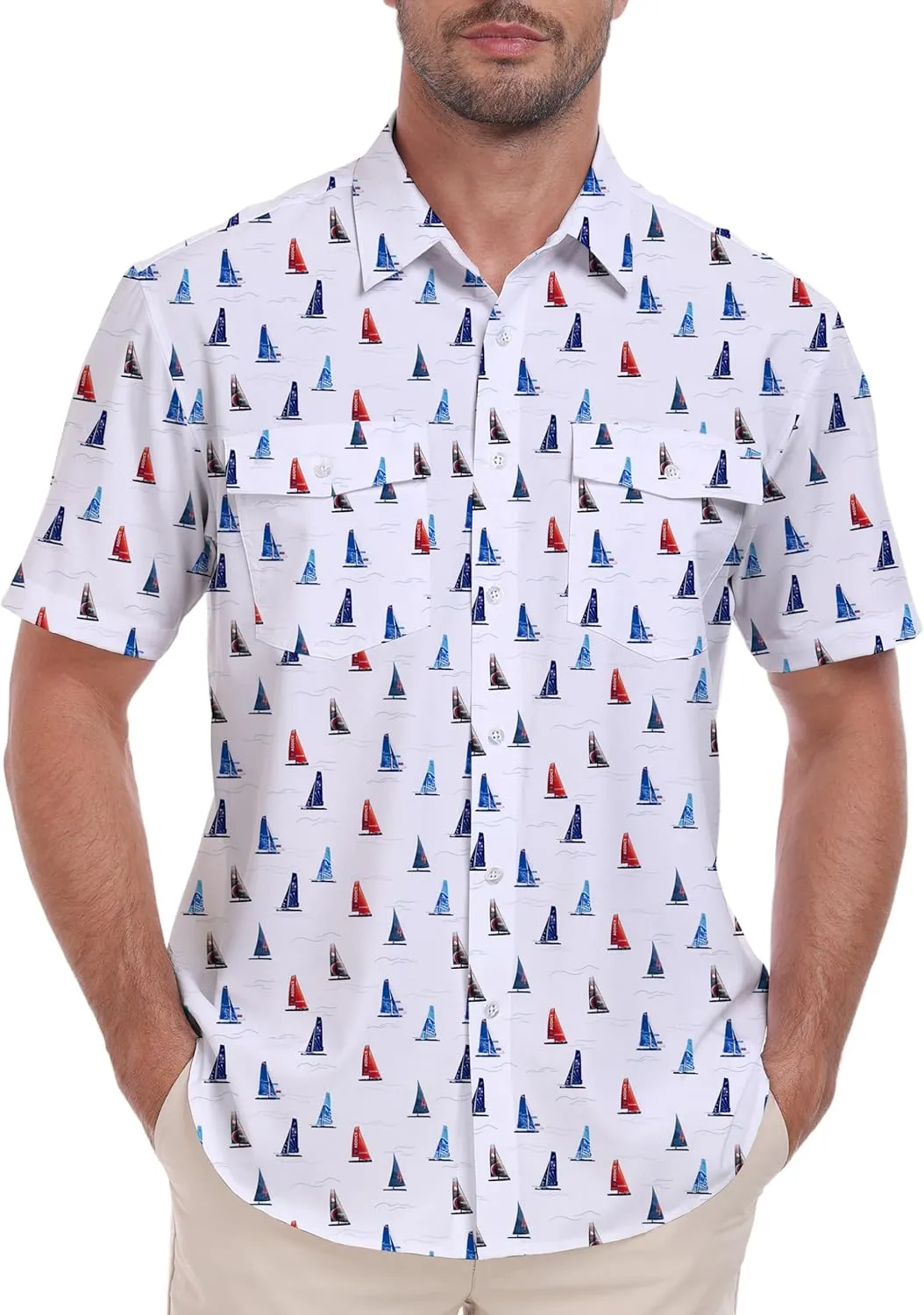 Lzzidou Fishing Shirts for Men UPF 50  Short Sleeve Button Down Print Hawaiian Camp Shirt with Breathable Back Vent