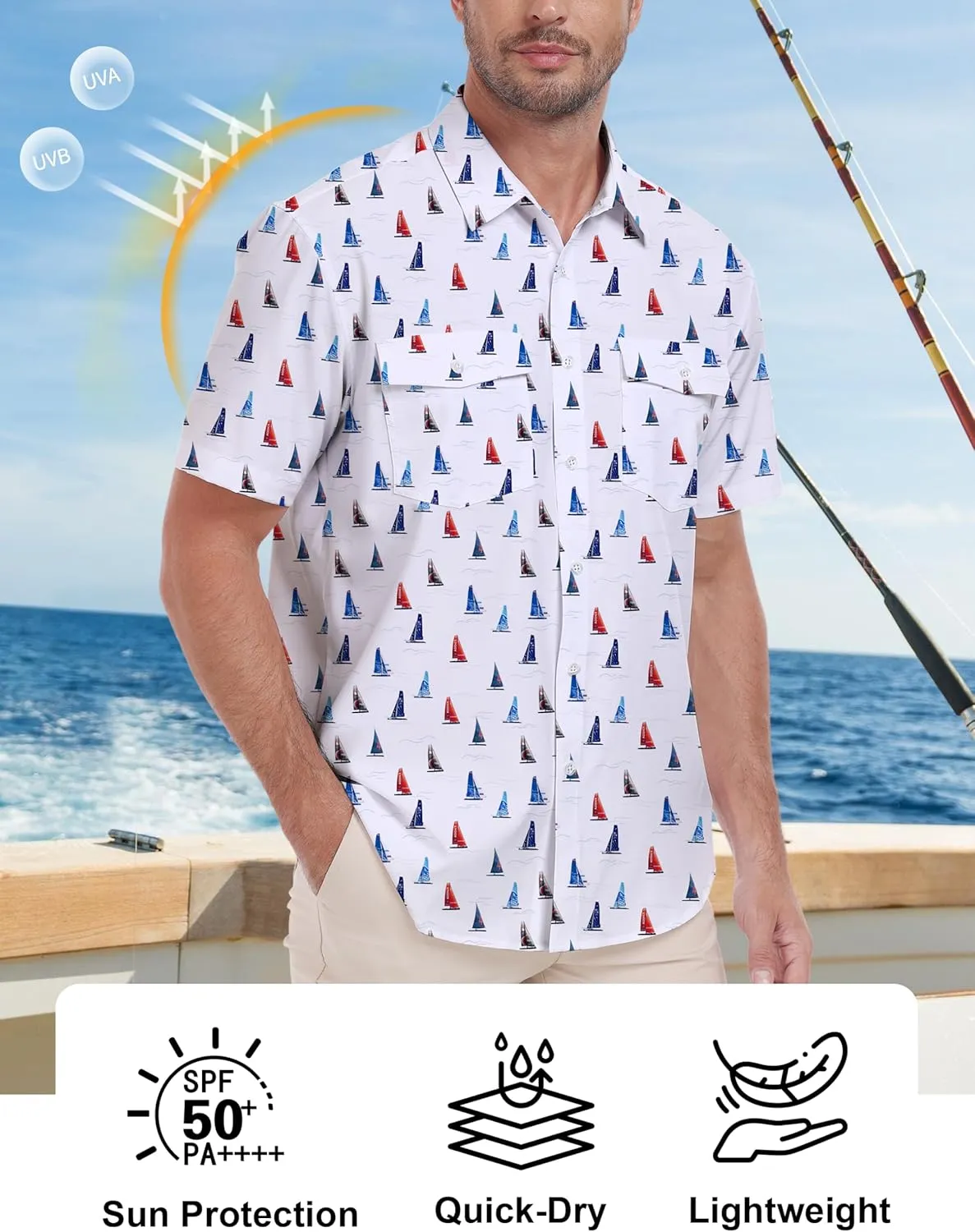 Lzzidou Fishing Shirts for Men UPF 50  Short Sleeve Button Down Print Hawaiian Camp Shirt with Breathable Back Vent