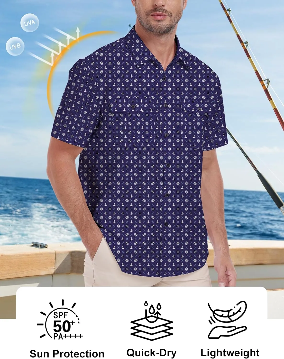 Lzzidou Fishing Shirts for Men UPF 50  Short Sleeve Button Down Print Hawaiian Camp Shirt with Breathable Back Vent