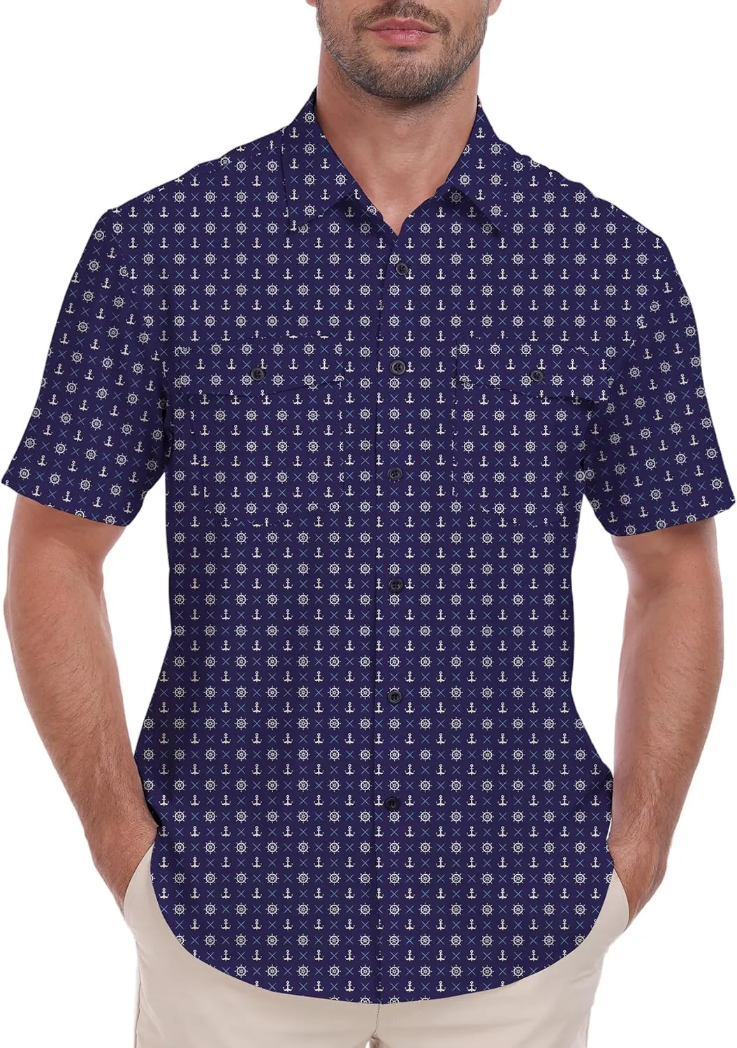 Lzzidou Fishing Shirts for Men UPF 50  Short Sleeve Button Down Print Hawaiian Camp Shirt with Breathable Back Vent