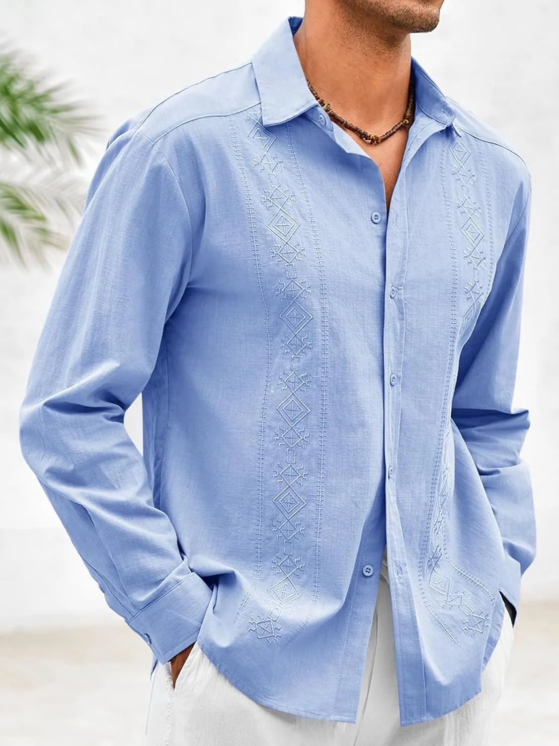 Makkrom Men's Casual Cotton Linen Button Down Shirts Cuban Guayabera Shirt Long Sleeve Summer Beach Tops