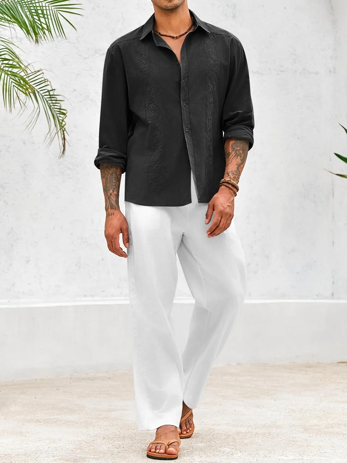 Makkrom Men's Casual Cotton Linen Button Down Shirts Cuban Guayabera Shirt Long Sleeve Summer Beach Tops
