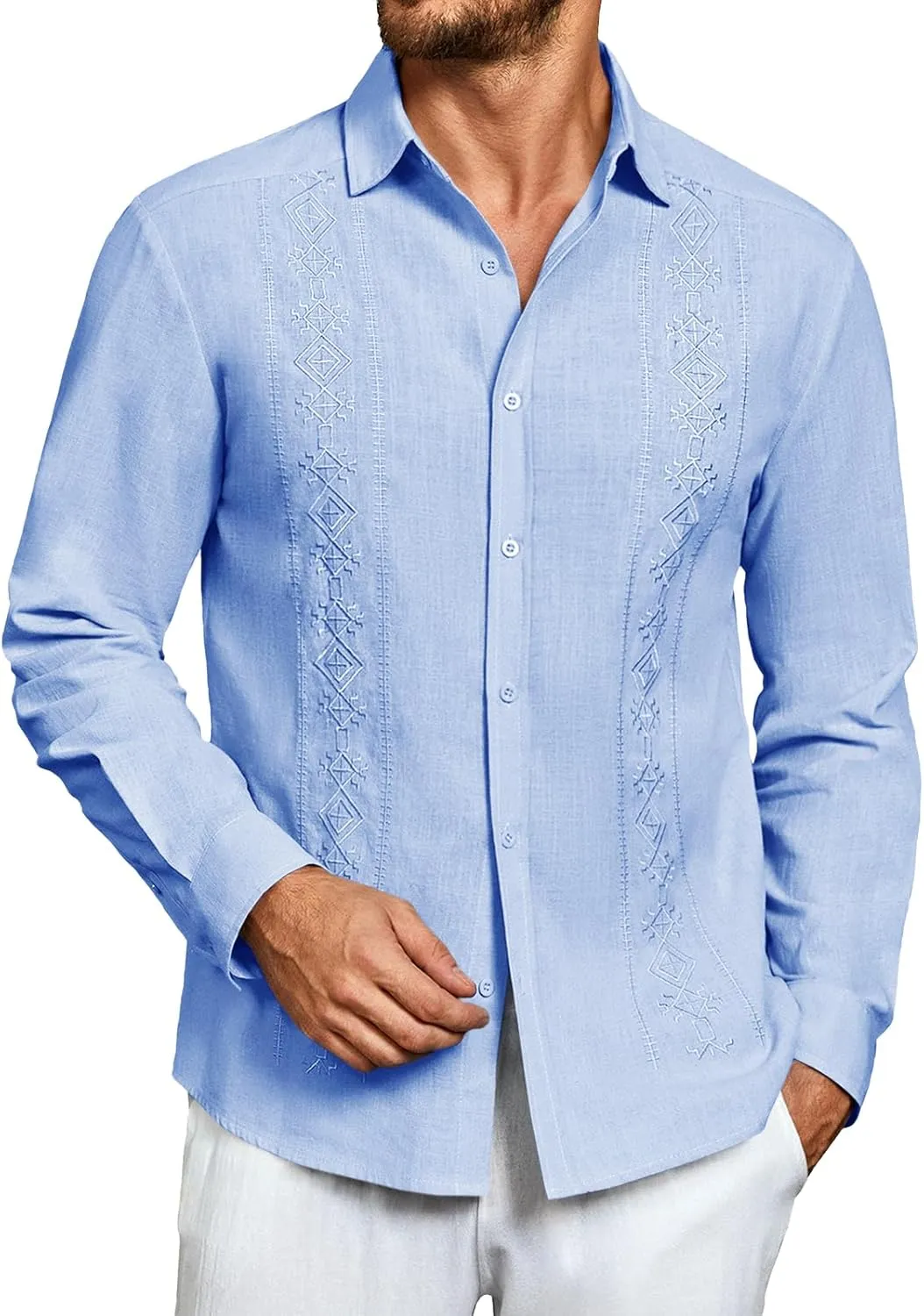 Makkrom Men's Casual Cotton Linen Button Down Shirts Cuban Guayabera Shirt Long Sleeve Summer Beach Tops