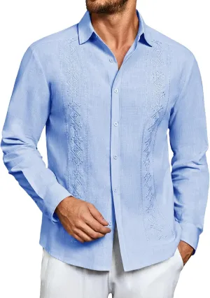 Makkrom Men's Casual Cotton Linen Button Down Shirts Cuban Guayabera Shirt Long Sleeve Summer Beach Tops
