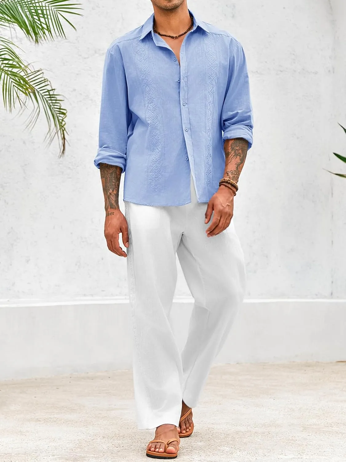 Makkrom Men's Casual Cotton Linen Button Down Shirts Cuban Guayabera Shirt Long Sleeve Summer Beach Tops