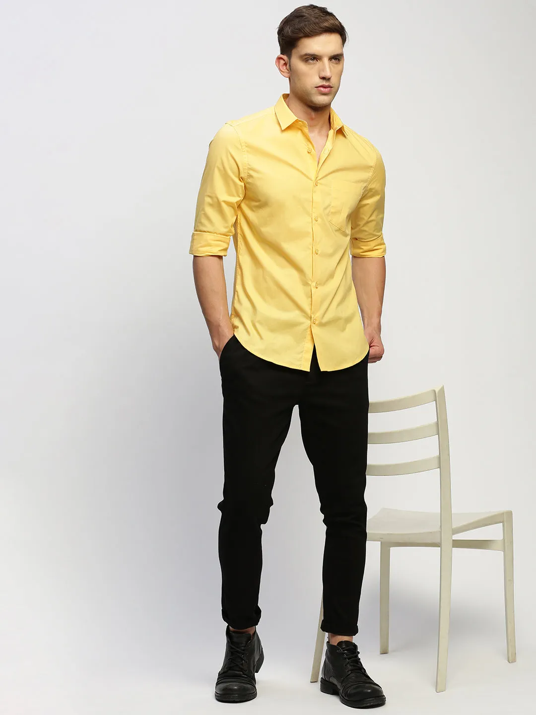 Men Yellow Smart Slim Fit Spread Collar Cotton Casual Shirt