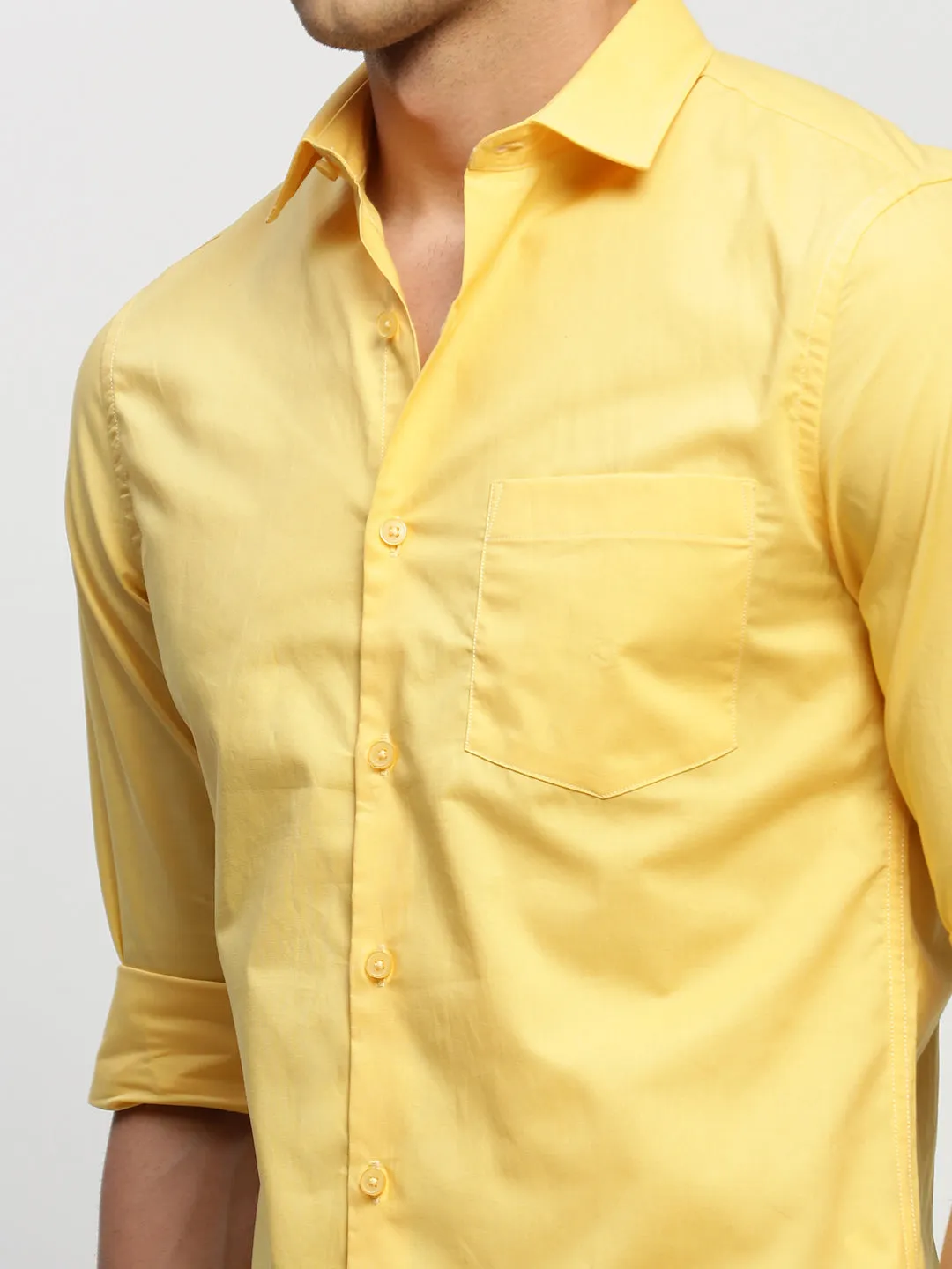 Men Yellow Smart Slim Fit Spread Collar Cotton Casual Shirt