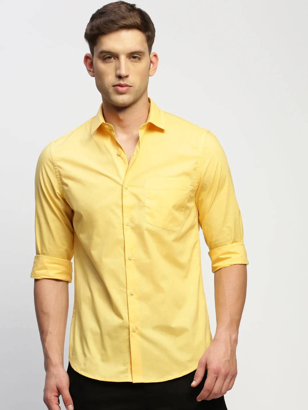 Men Yellow Smart Slim Fit Spread Collar Cotton Casual Shirt