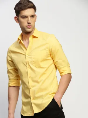 Men Yellow Smart Slim Fit Spread Collar Cotton Casual Shirt