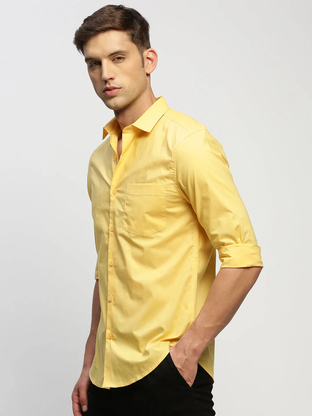 Men Yellow Smart Slim Fit Spread Collar Cotton Casual Shirt
