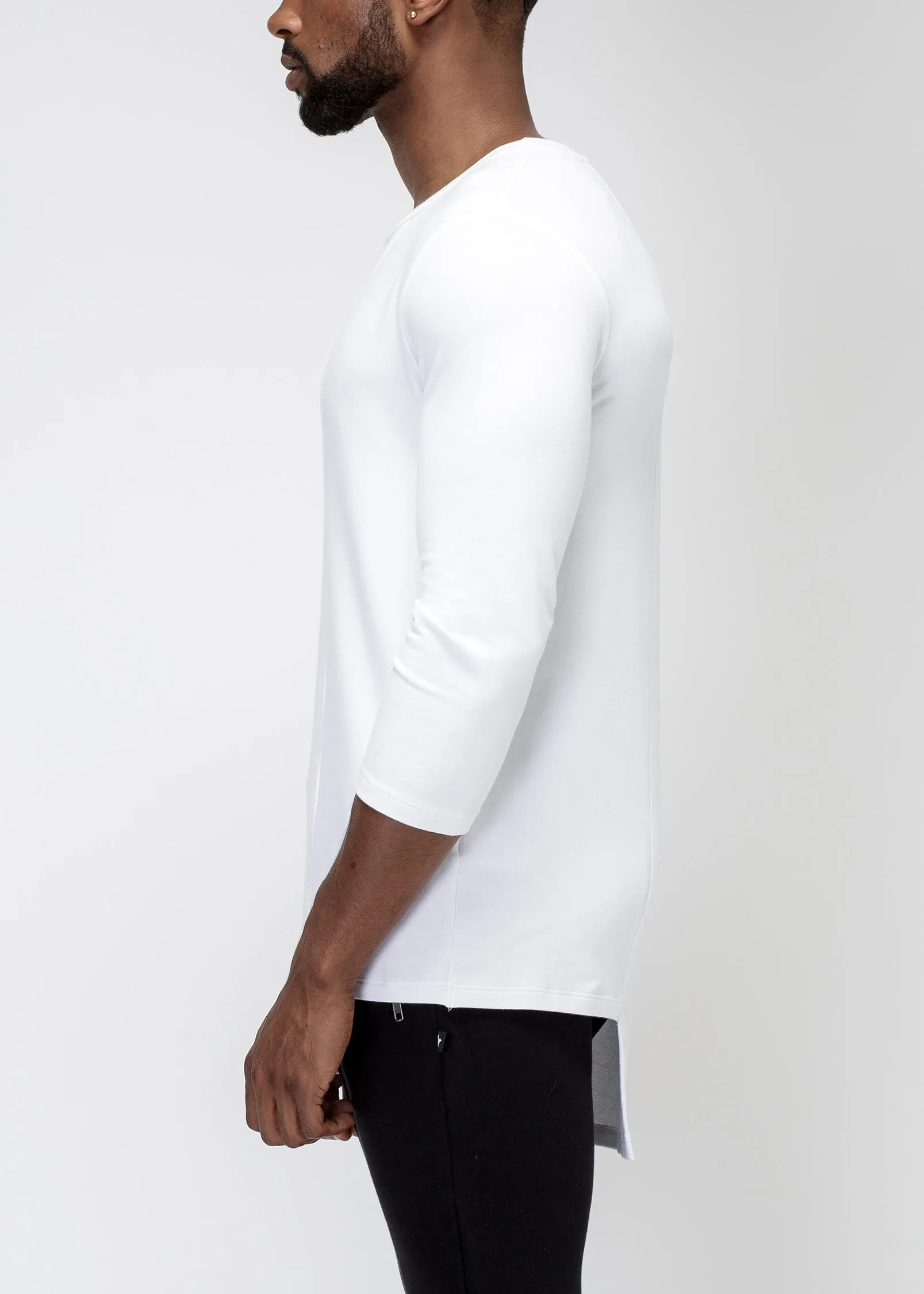 Men's 3/4 Sleeve Tee with Uneven Hem in White