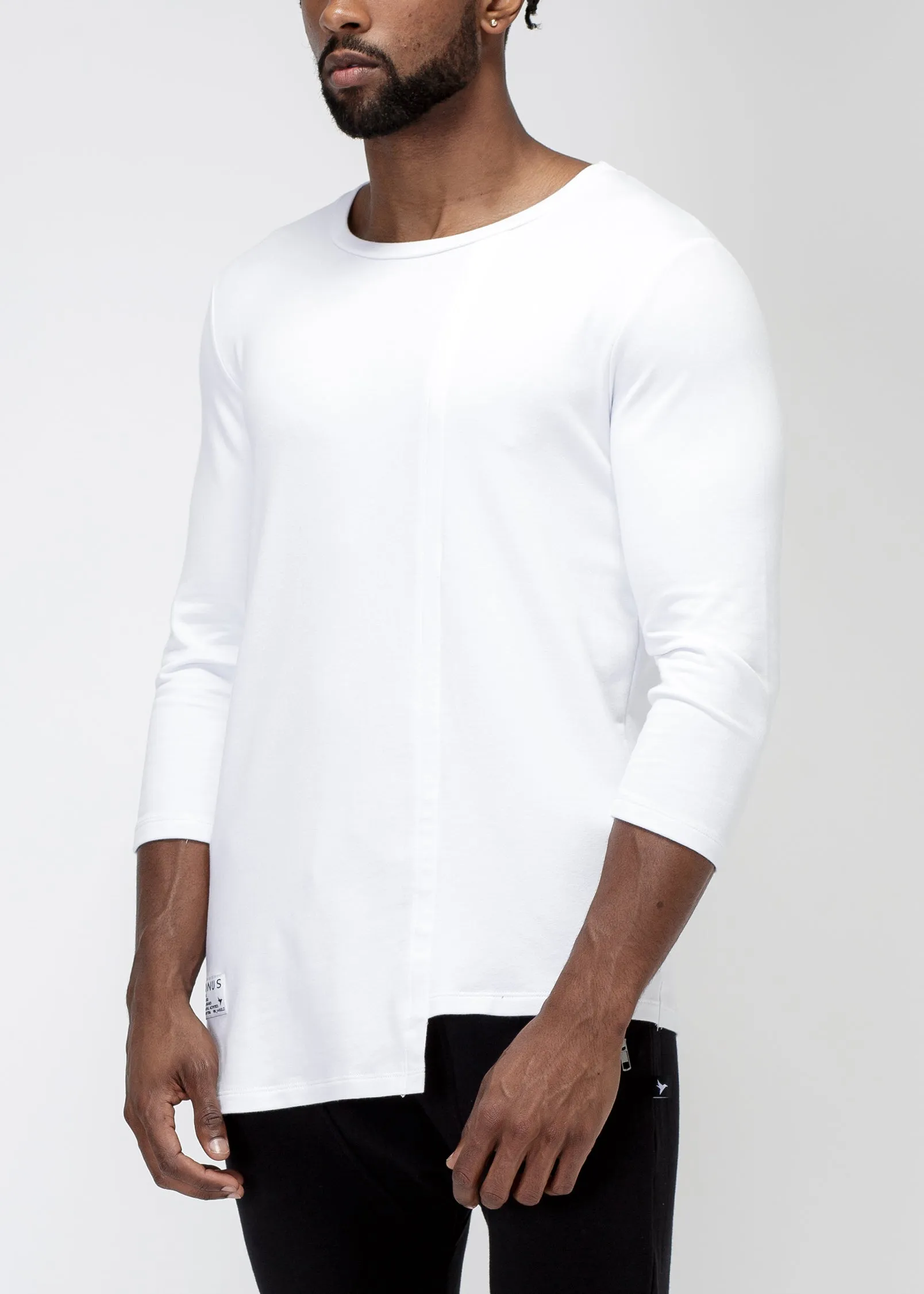 Men's 3/4 Sleeve Tee with Uneven Hem in White