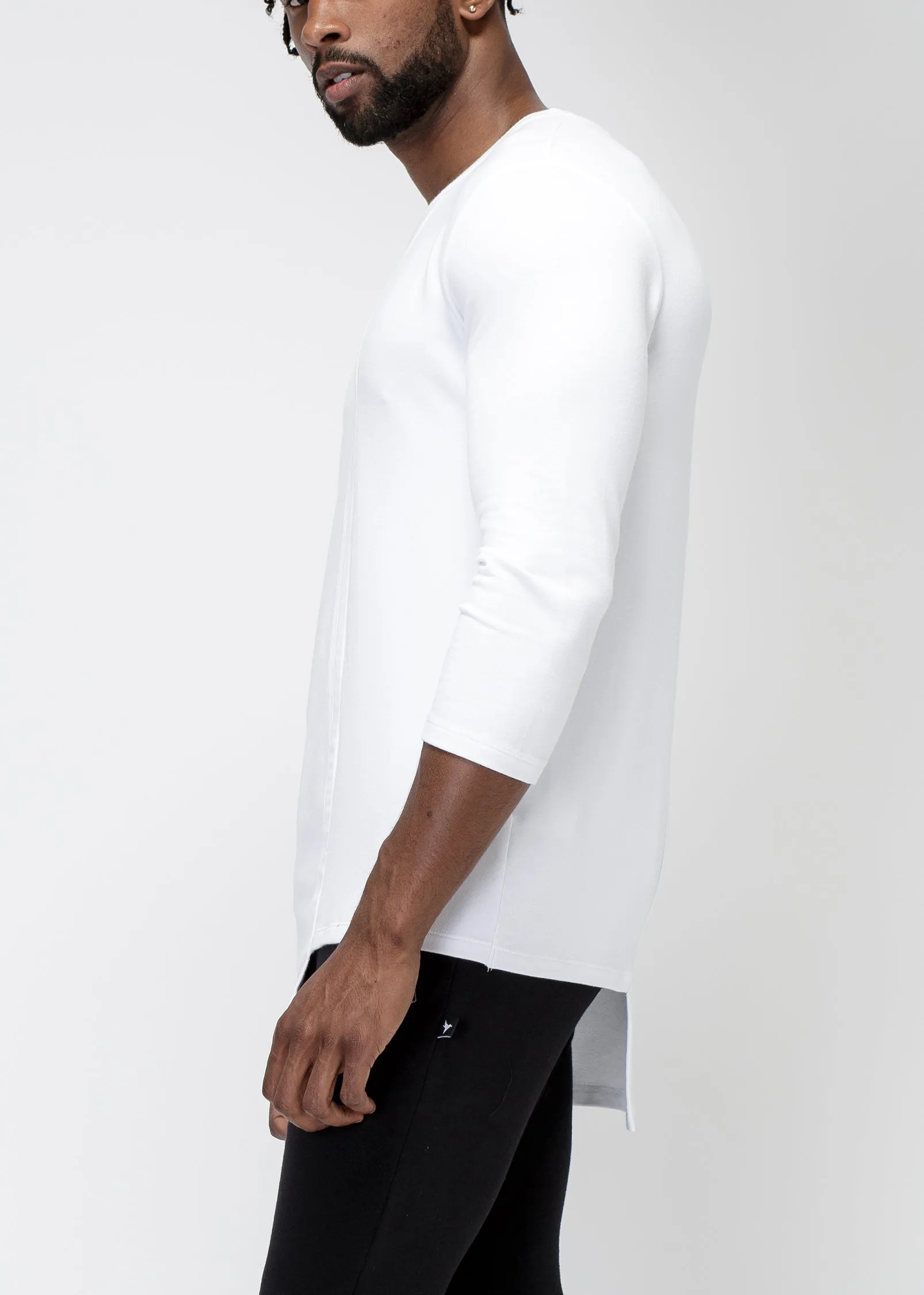 Men's 3/4 Sleeve Tee with Uneven Hem in White