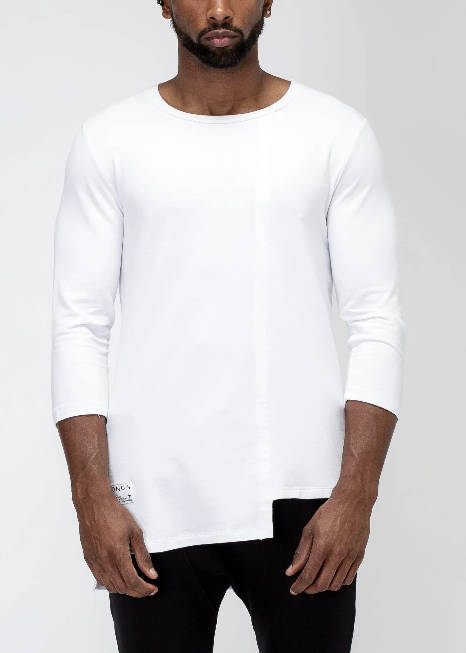 Men's 3/4 Sleeve Tee with Uneven Hem in White