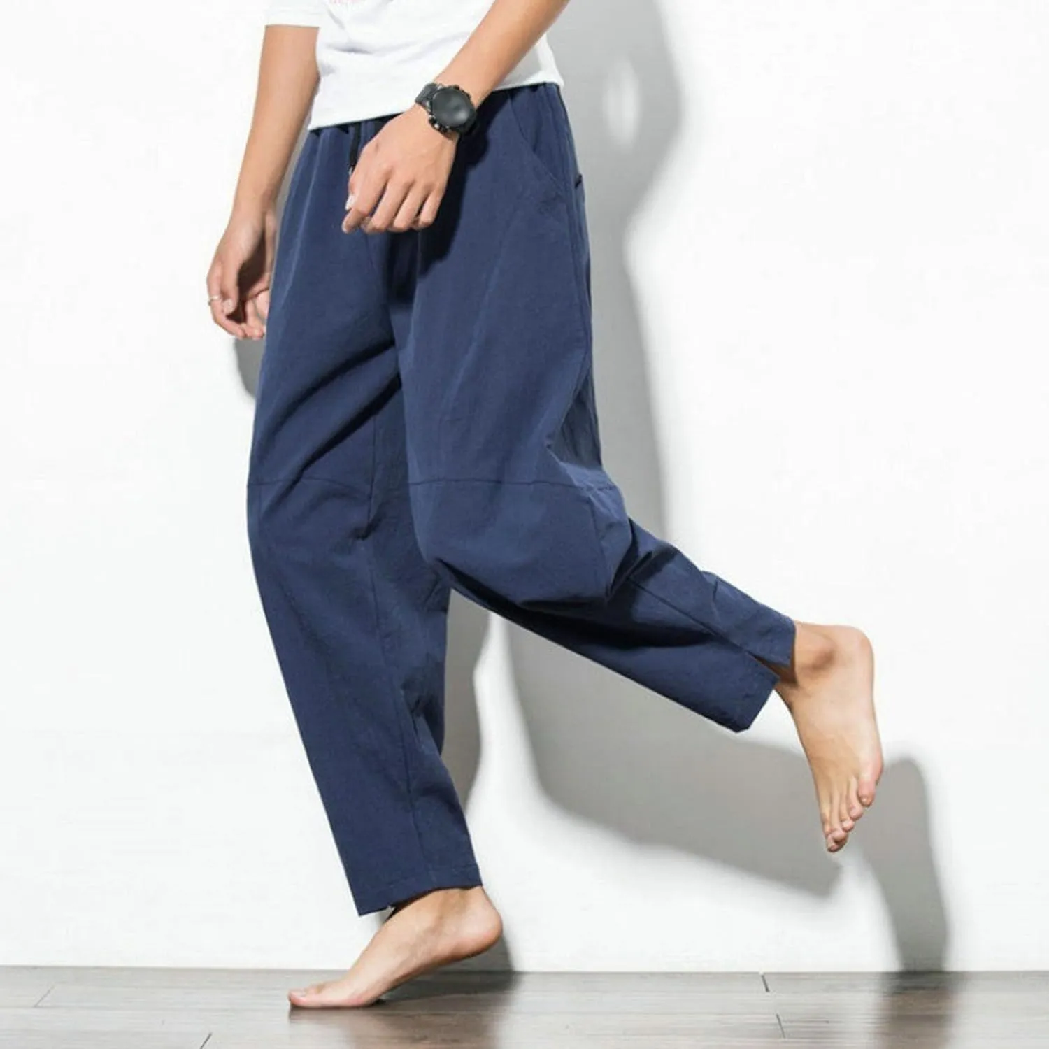 Men's Beach Cotton Linen Pants Summer Lightweight Solid Trousers Casual Elastic Waist Harem Chinos