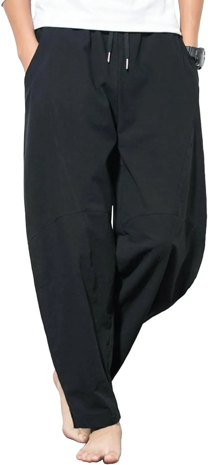 Men's Beach Cotton Linen Pants Summer Lightweight Solid Trousers Casual Elastic Waist Harem Chinos