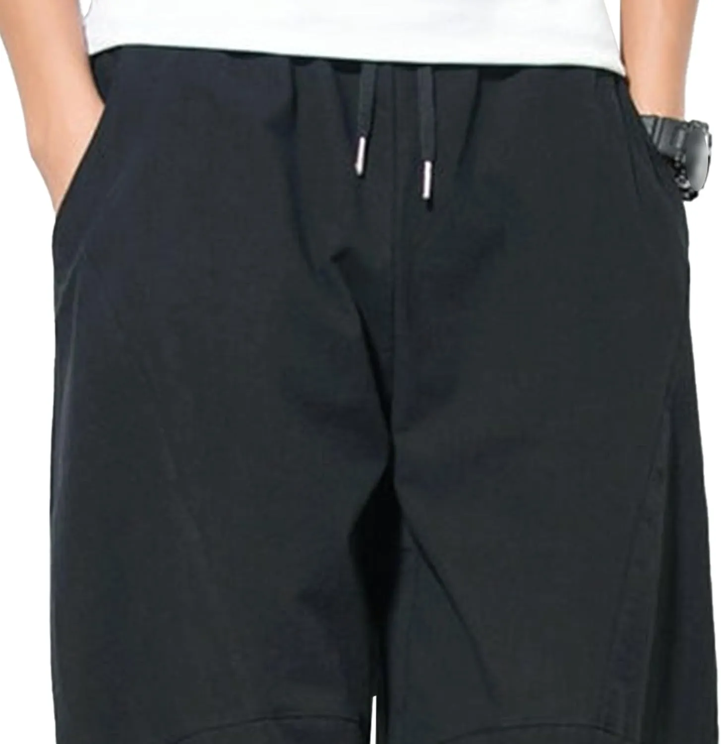 Men's Beach Cotton Linen Pants Summer Lightweight Solid Trousers Casual Elastic Waist Harem Chinos