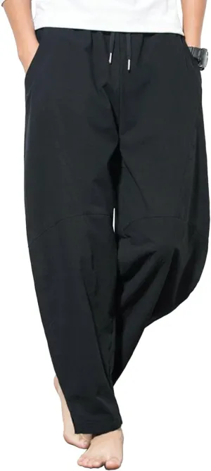 Men's Beach Cotton Linen Pants Summer Lightweight Solid Trousers Casual Elastic Waist Harem Chinos