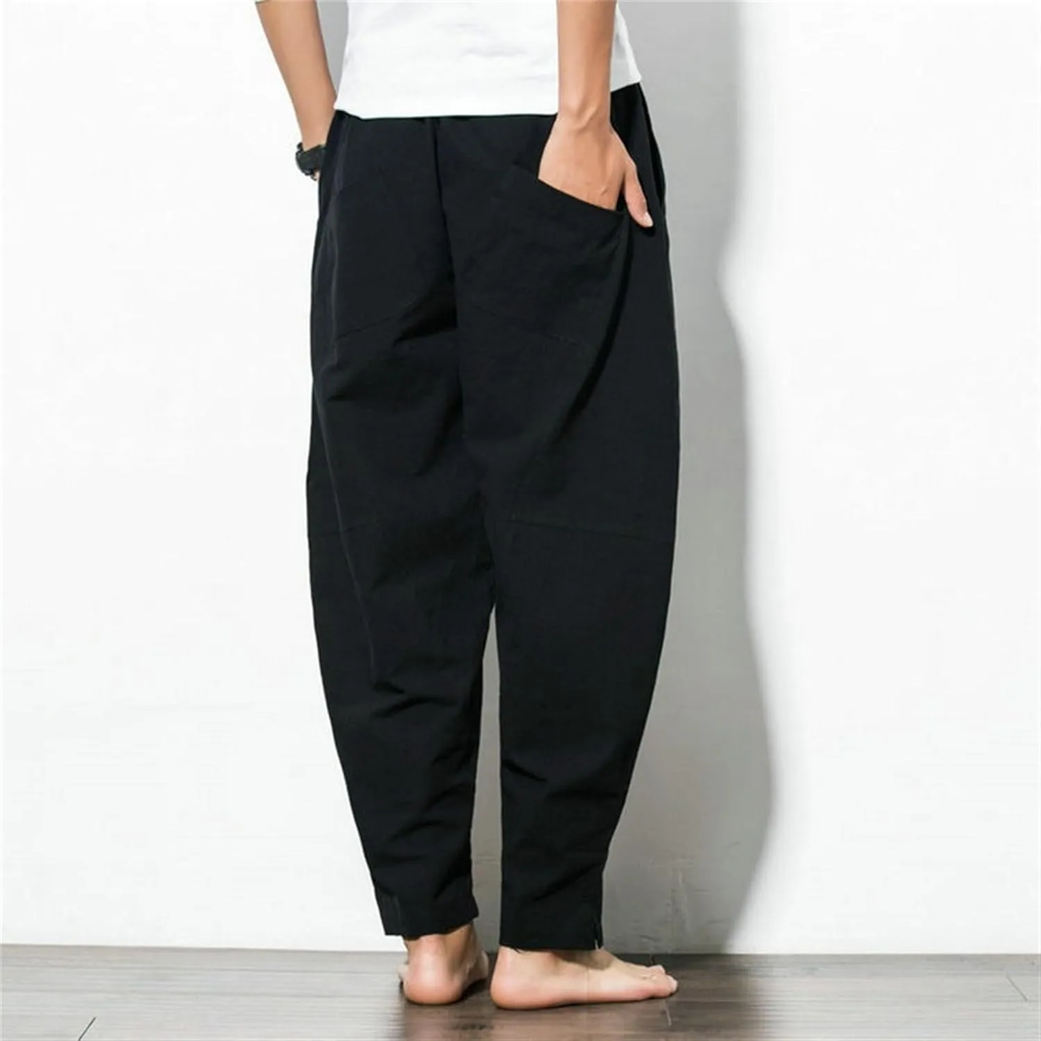 Men's Beach Cotton Linen Pants Summer Lightweight Solid Trousers Casual Elastic Waist Harem Chinos