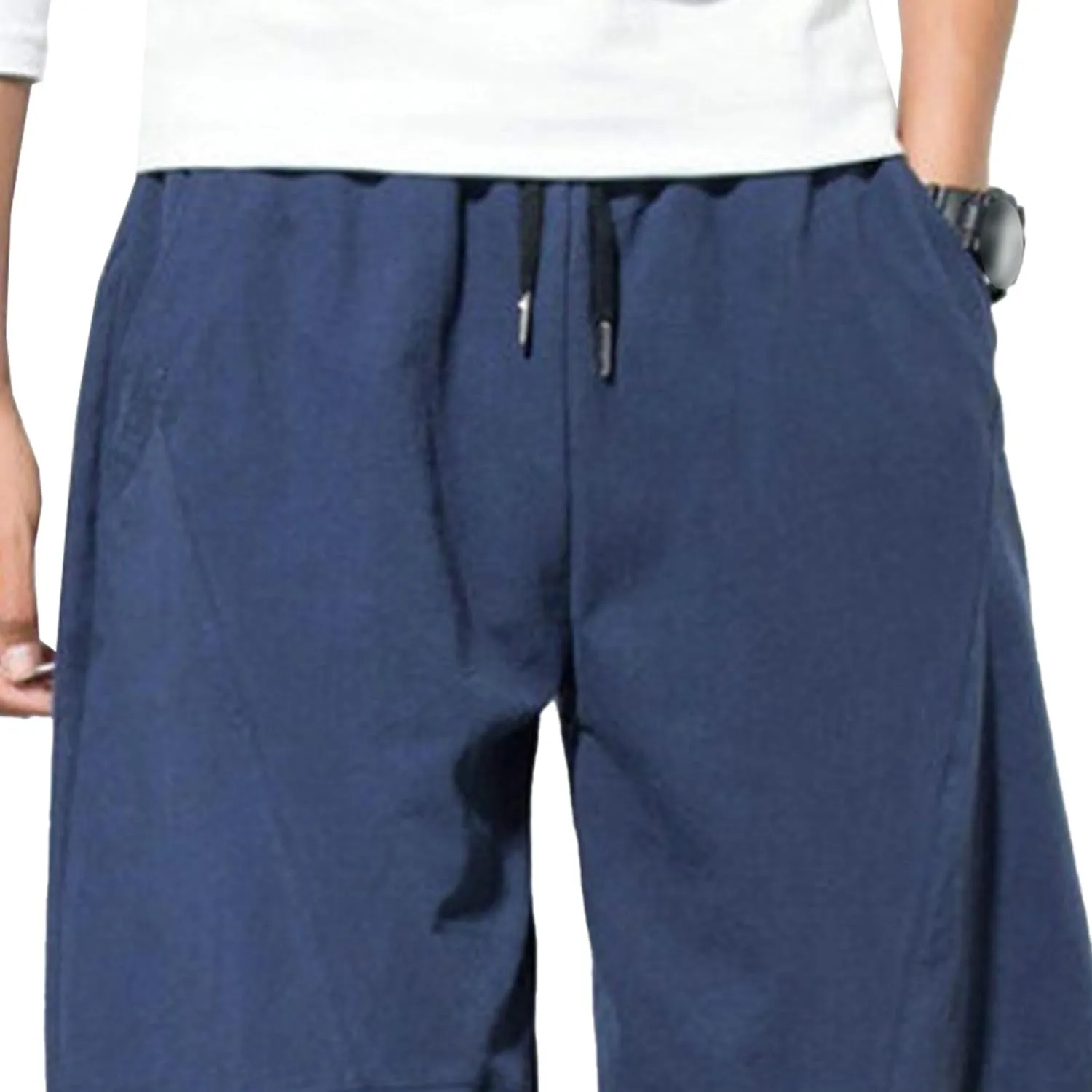 Men's Beach Cotton Linen Pants Summer Lightweight Solid Trousers Casual Elastic Waist Harem Chinos