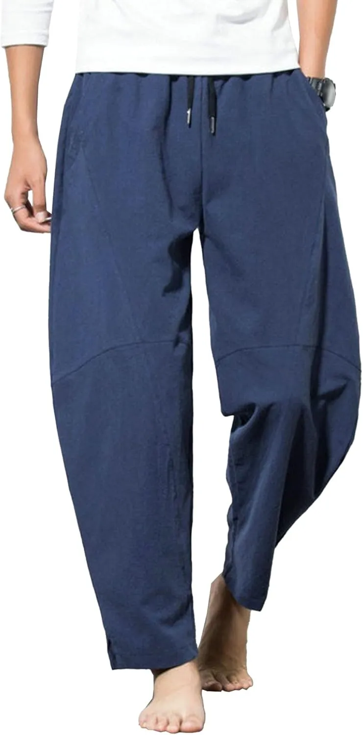 Men's Beach Cotton Linen Pants Summer Lightweight Solid Trousers Casual Elastic Waist Harem Chinos