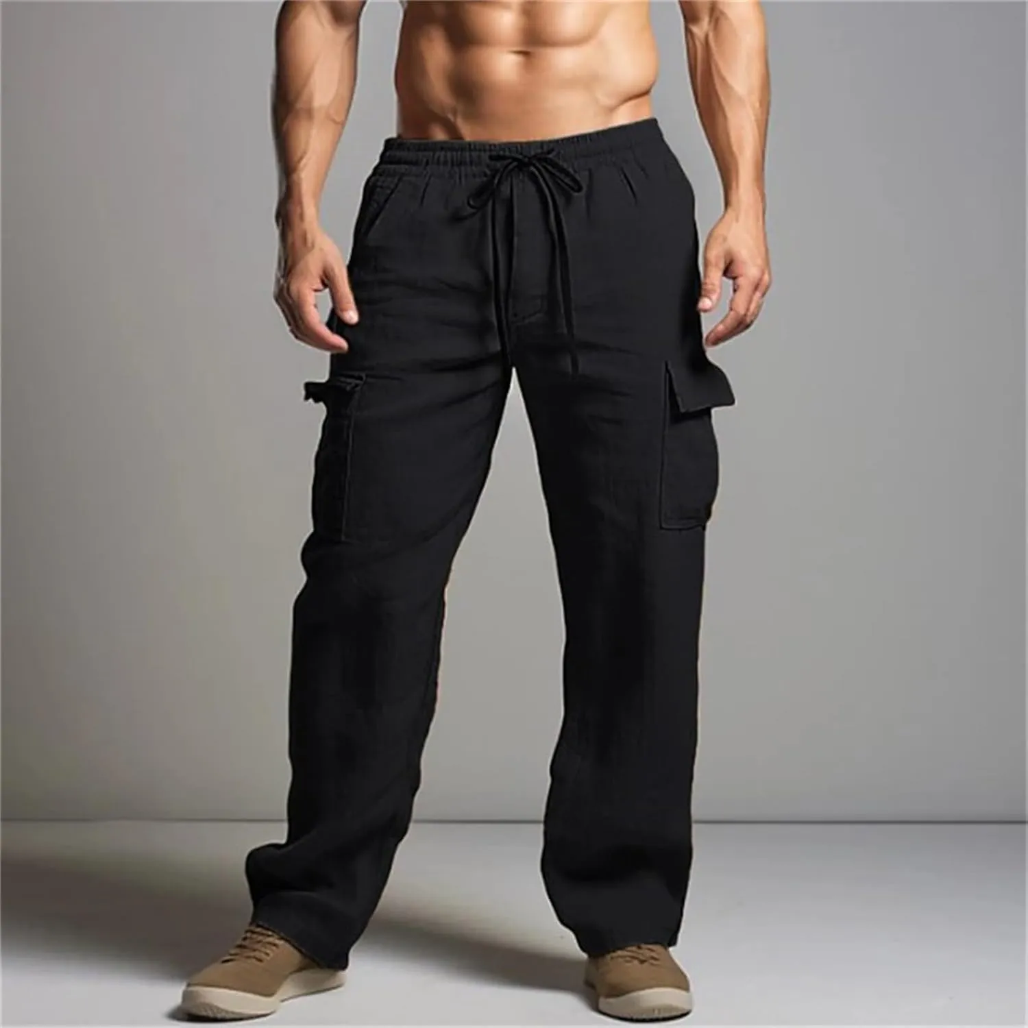 Men's Cargo Linen Pants Lightweight Casual Elastic Waist Joggers Long Pants Drawstring with Pockets Fit for Outdoors