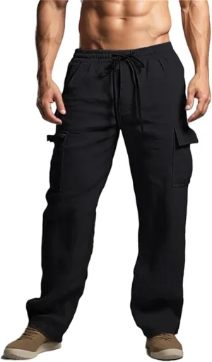 Men's Cargo Linen Pants Lightweight Casual Elastic Waist Joggers Long Pants Drawstring with Pockets Fit for Outdoors