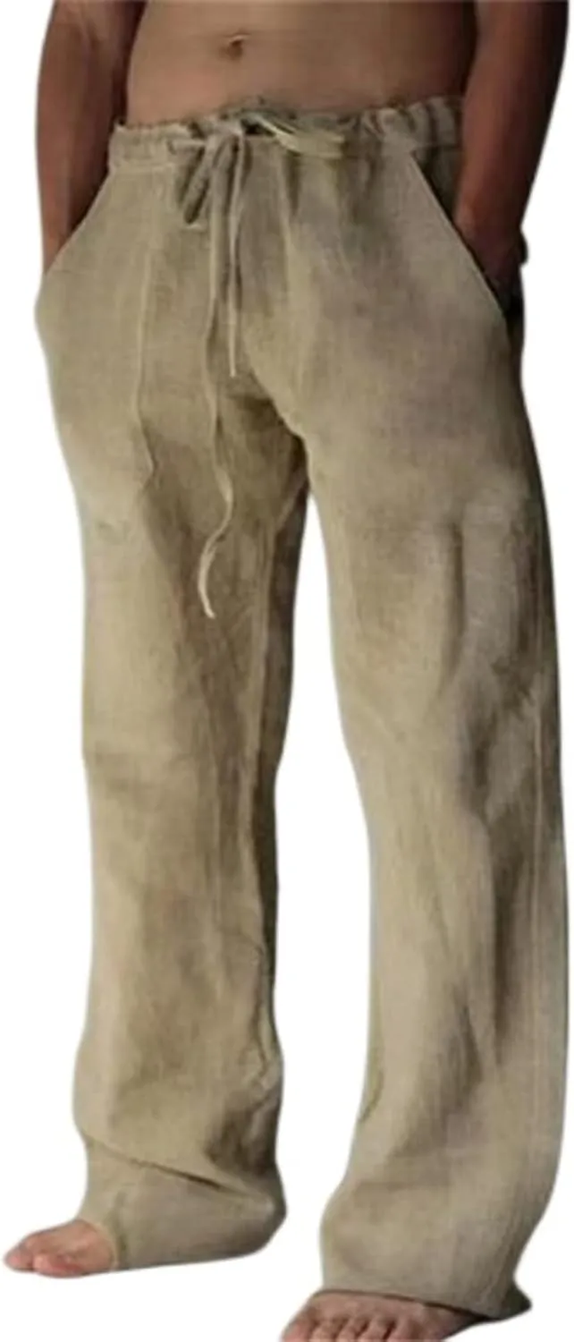 Men's Cotton Linen Drawstring Pants High-Waisted Loose Fit Wide Leg Trousers Breathable Casual Wear with Drawstrings