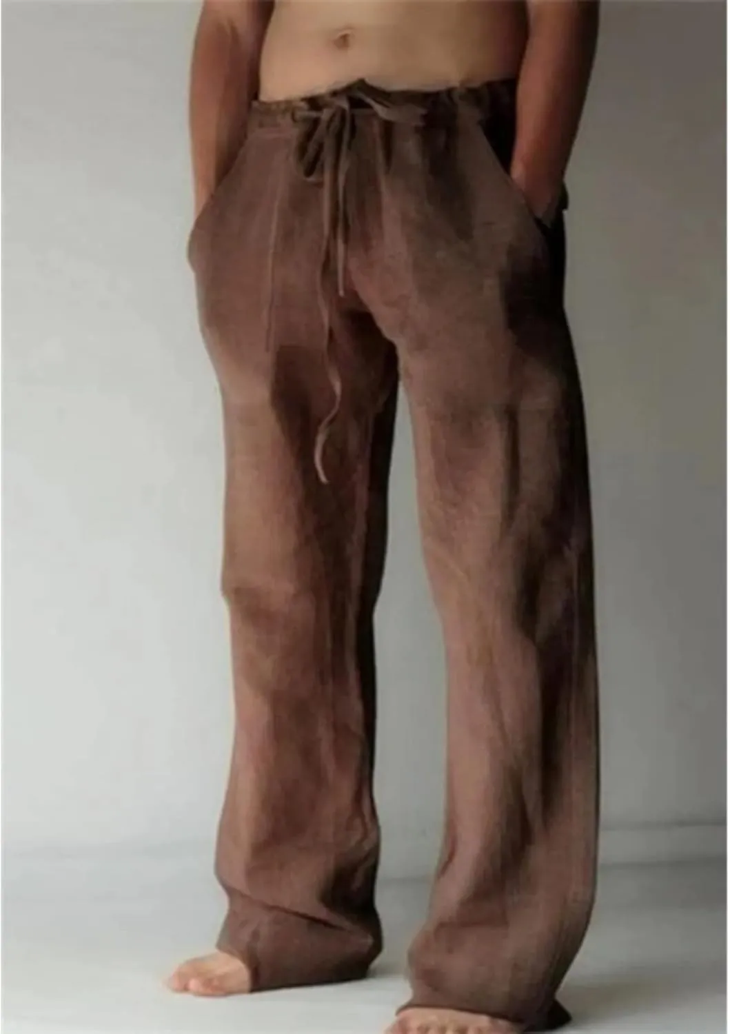 Men's Cotton Linen Drawstring Pants High-Waisted Loose Fit Wide Leg Trousers Breathable Casual Wear with Drawstrings