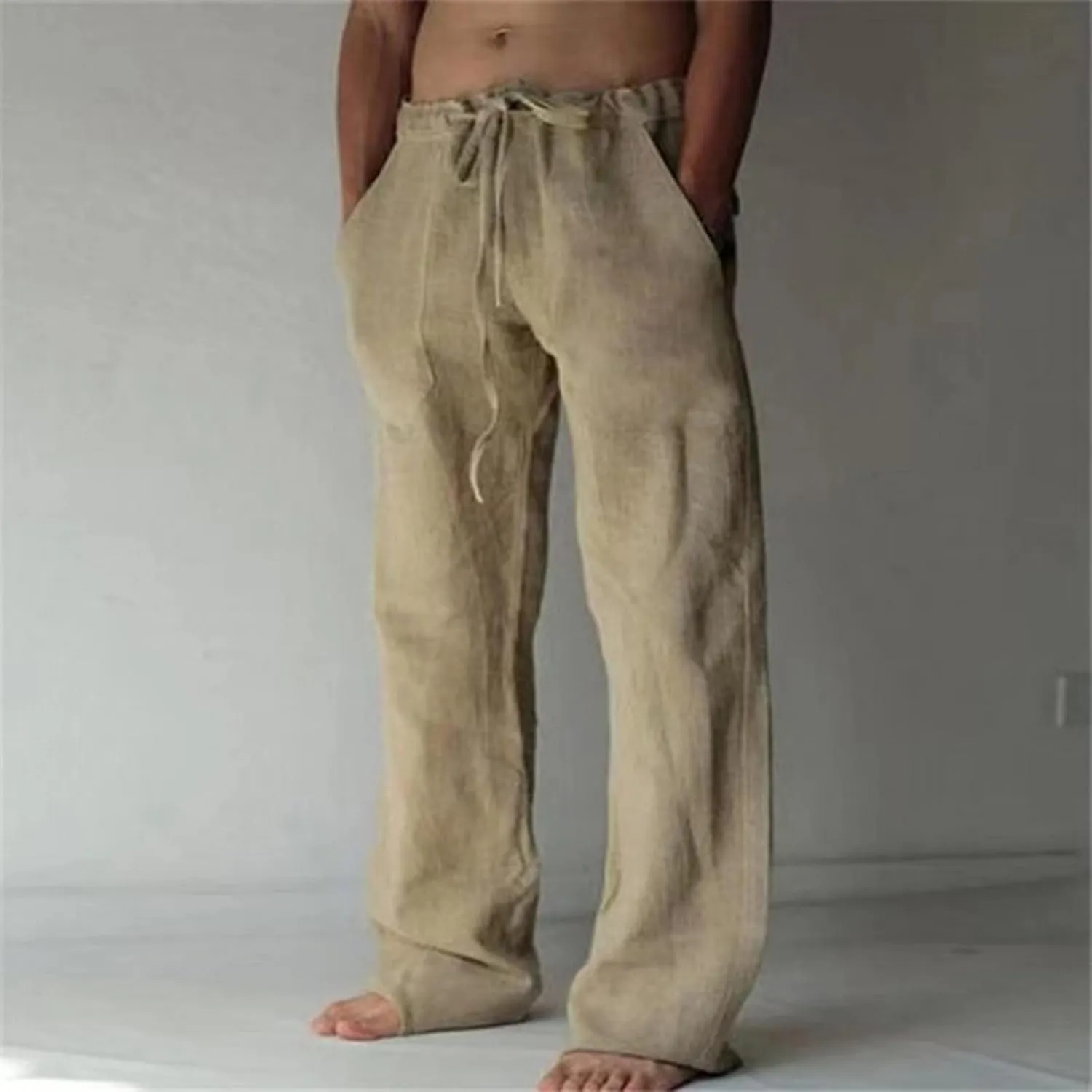 Men's Cotton Linen Drawstring Pants High-Waisted Loose Fit Wide Leg Trousers Breathable Casual Wear with Drawstrings