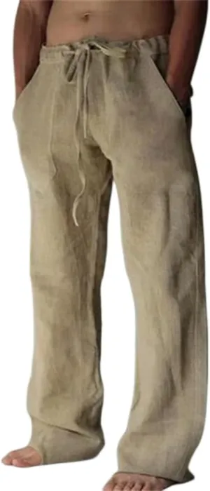Men's Cotton Linen Drawstring Pants High-Waisted Loose Fit Wide Leg Trousers Breathable Casual Wear with Drawstrings