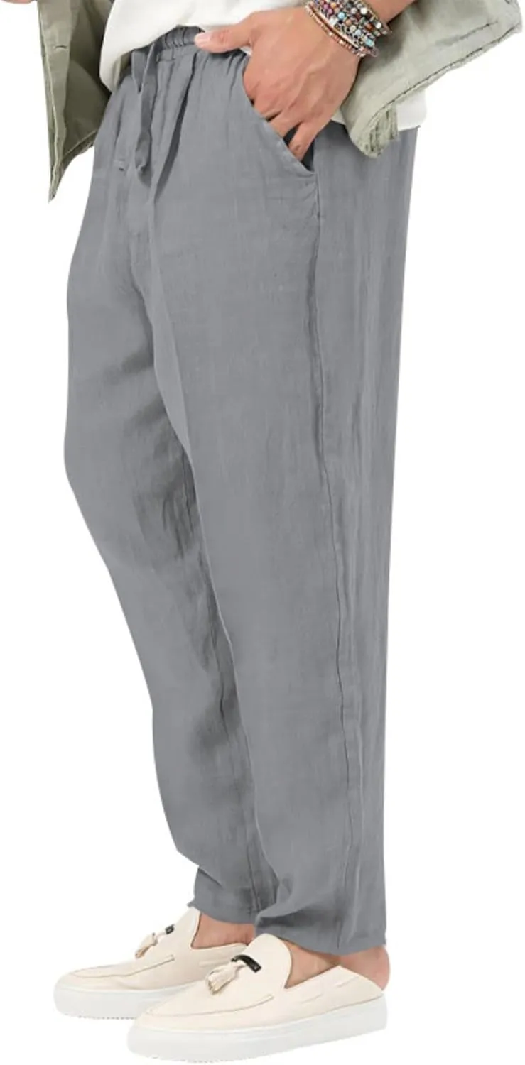 Men's Cotton Linen Drawstring Pants Lightweight Casual Joggers Yoga Pants Elastic Waist Beach Trousers with Pockets
