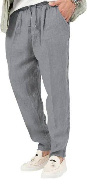 Men's Cotton Linen Drawstring Pants Lightweight Casual Joggers Yoga Pants Elastic Waist Beach Trousers with Pockets