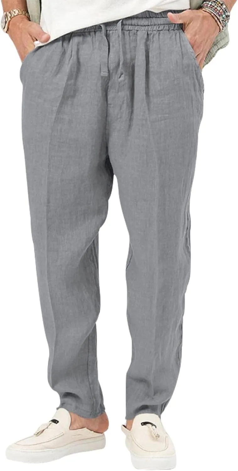 Men's Cotton Linen Drawstring Pants Lightweight Casual Joggers Yoga Pants Elastic Waist Beach Trousers with Pockets