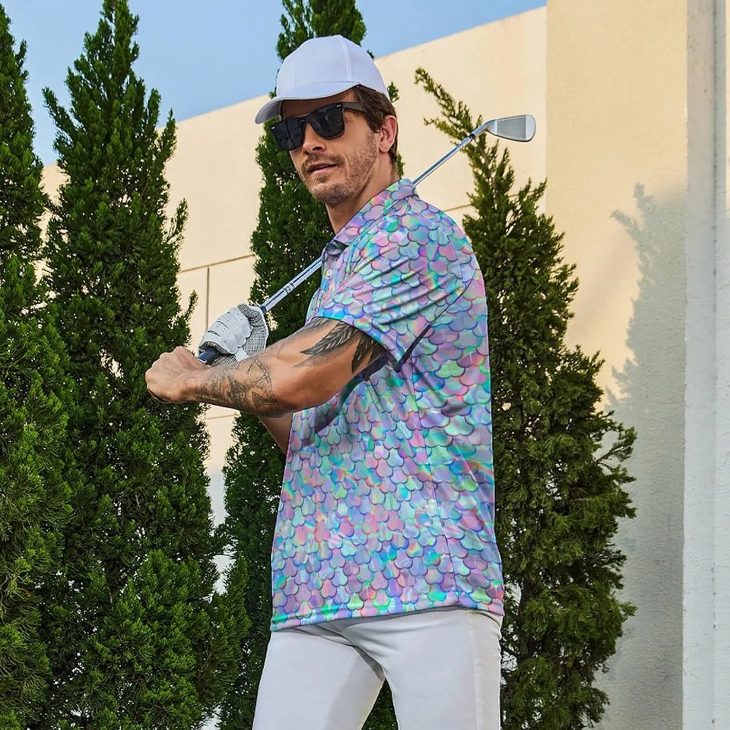 Mens Golf Polo Shirts - Hawaiian Print Golf Shirt for Men Quick-Dry Moisture Wicking Casual Breathable Polo Shirt