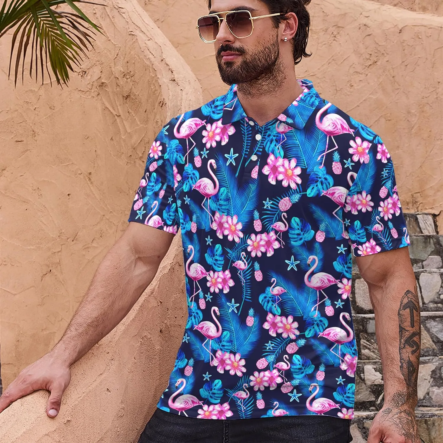 Mens Golf Polo Shirts - Hawaiian Print Golf Shirt for Men Quick-Dry Moisture Wicking Casual Breathable Polo Shirt