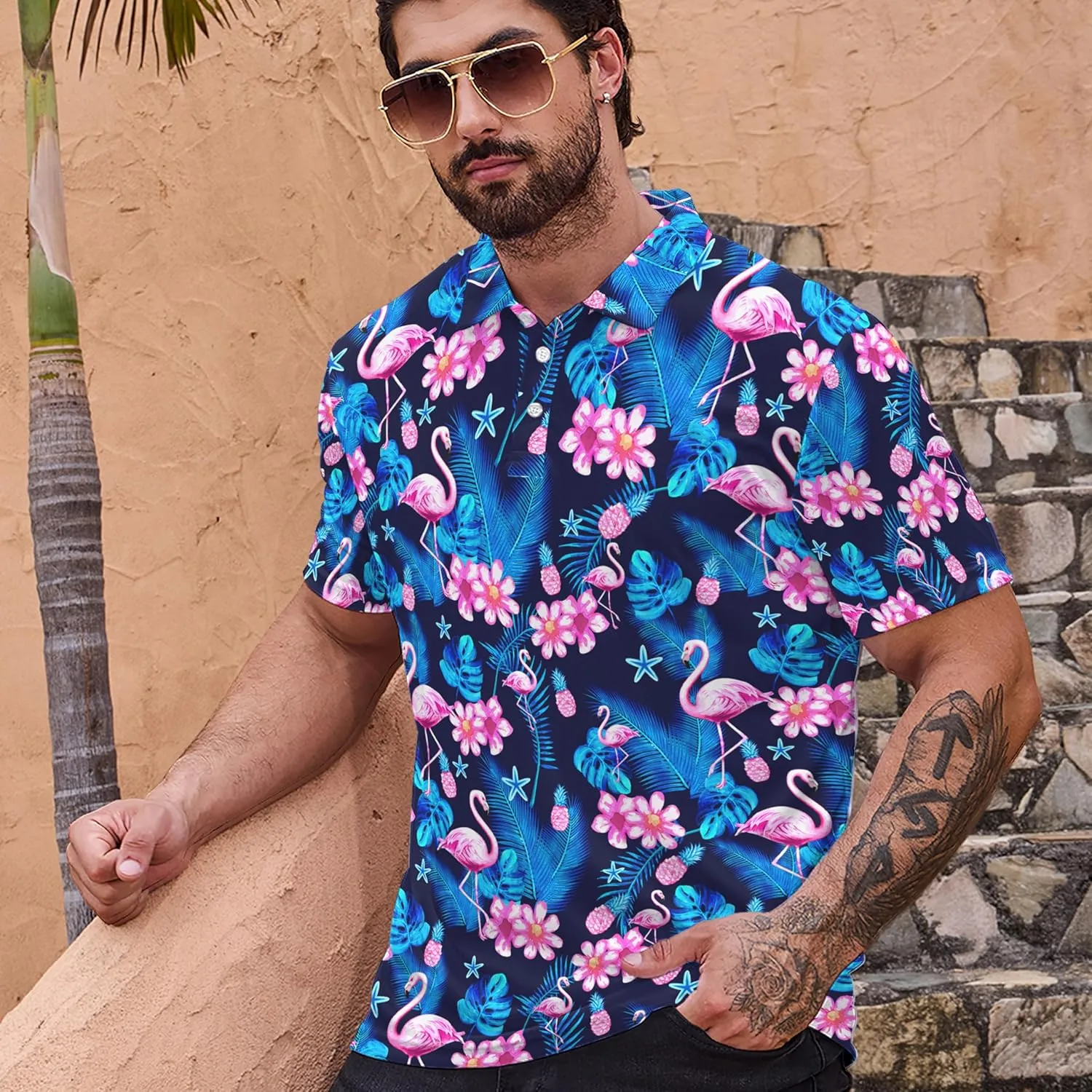 Mens Golf Polo Shirts - Hawaiian Print Golf Shirt for Men Quick-Dry Moisture Wicking Casual Breathable Polo Shirt