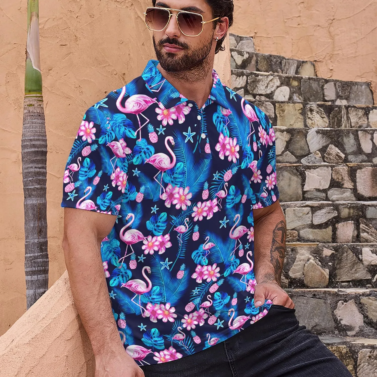 Mens Golf Polo Shirts - Hawaiian Print Golf Shirt for Men Quick-Dry Moisture Wicking Casual Breathable Polo Shirt