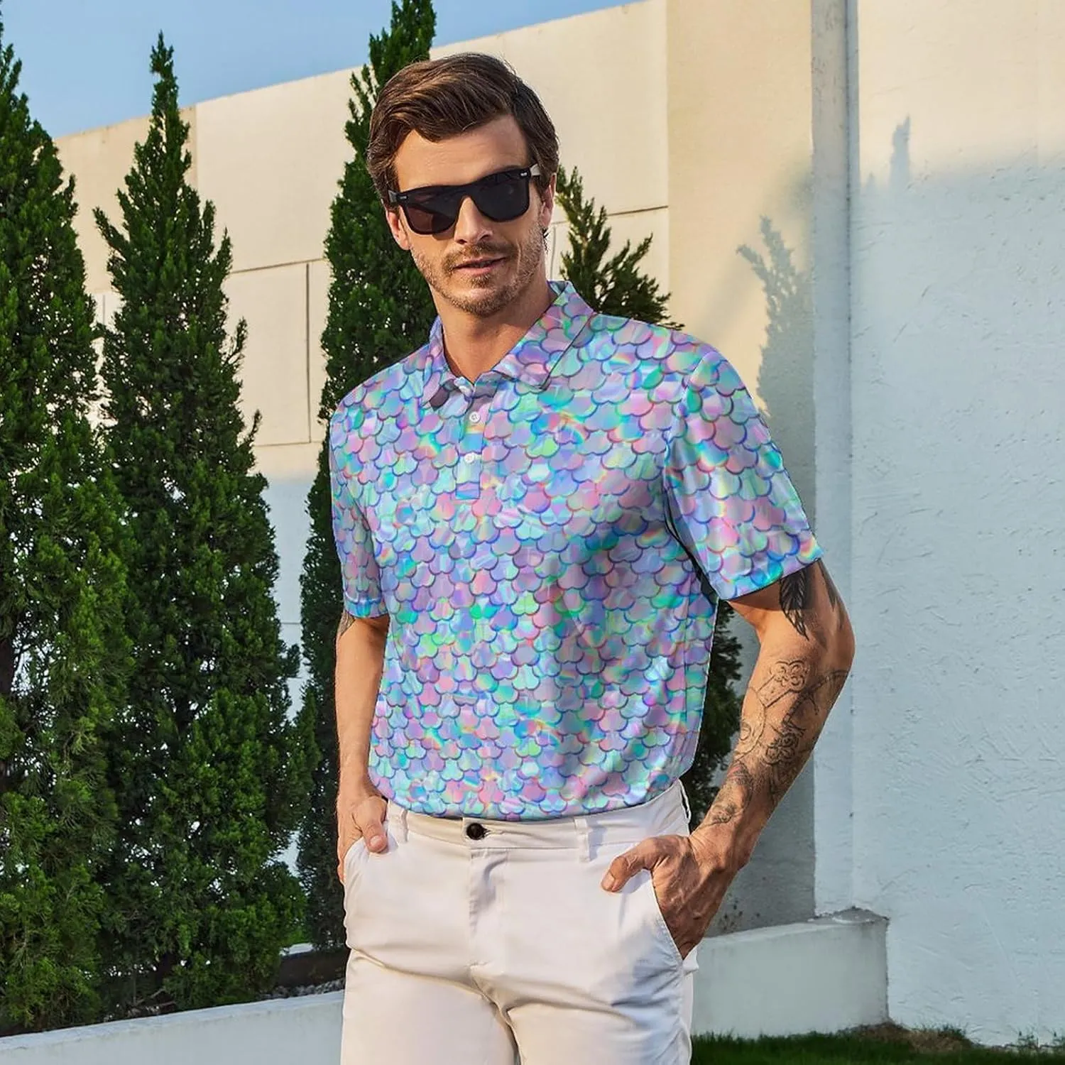 Mens Golf Polo Shirts - Hawaiian Print Golf Shirt for Men Quick-Dry Moisture Wicking Casual Breathable Polo Shirt