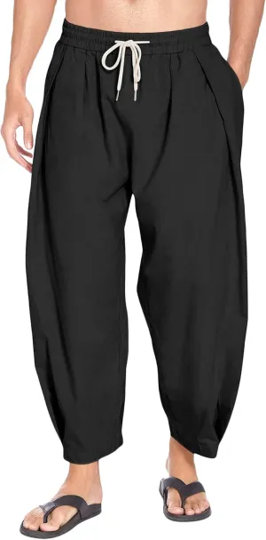 Men's Lightweight Linen Lounge Lantern Pants Classic Jogger Yoga Loose Chinos Casual Elastic Waist Trousers