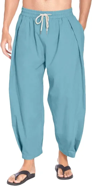 Men's Lightweight Linen Lounge Lantern Pants Classic Jogger Yoga Loose Chinos Casual Elastic Waist Trousers
