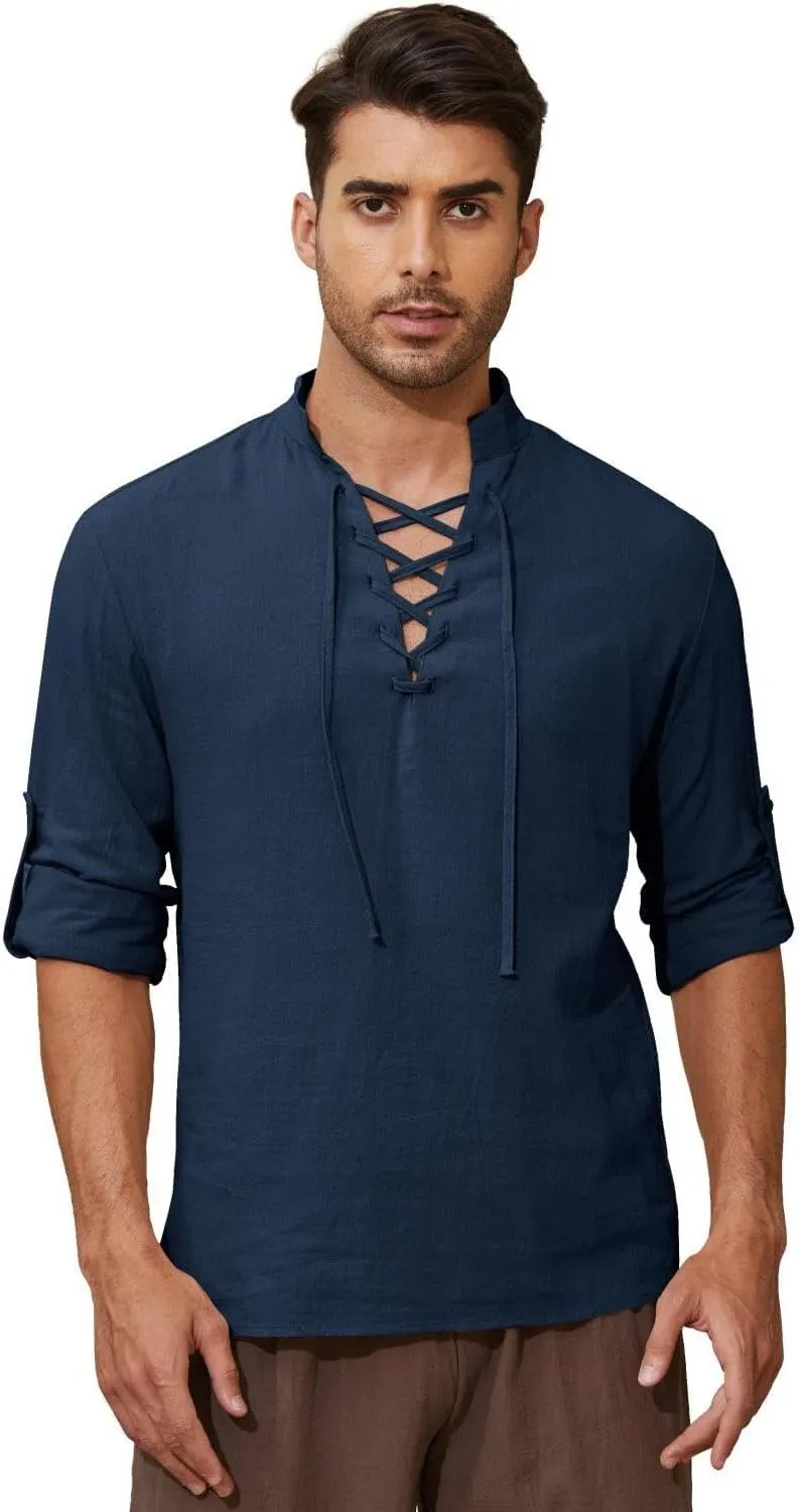 Mens Long Sleeve Shirts Renaissance Viking Pirate Cosplay,Cotton Breathable,US Size S-3XL