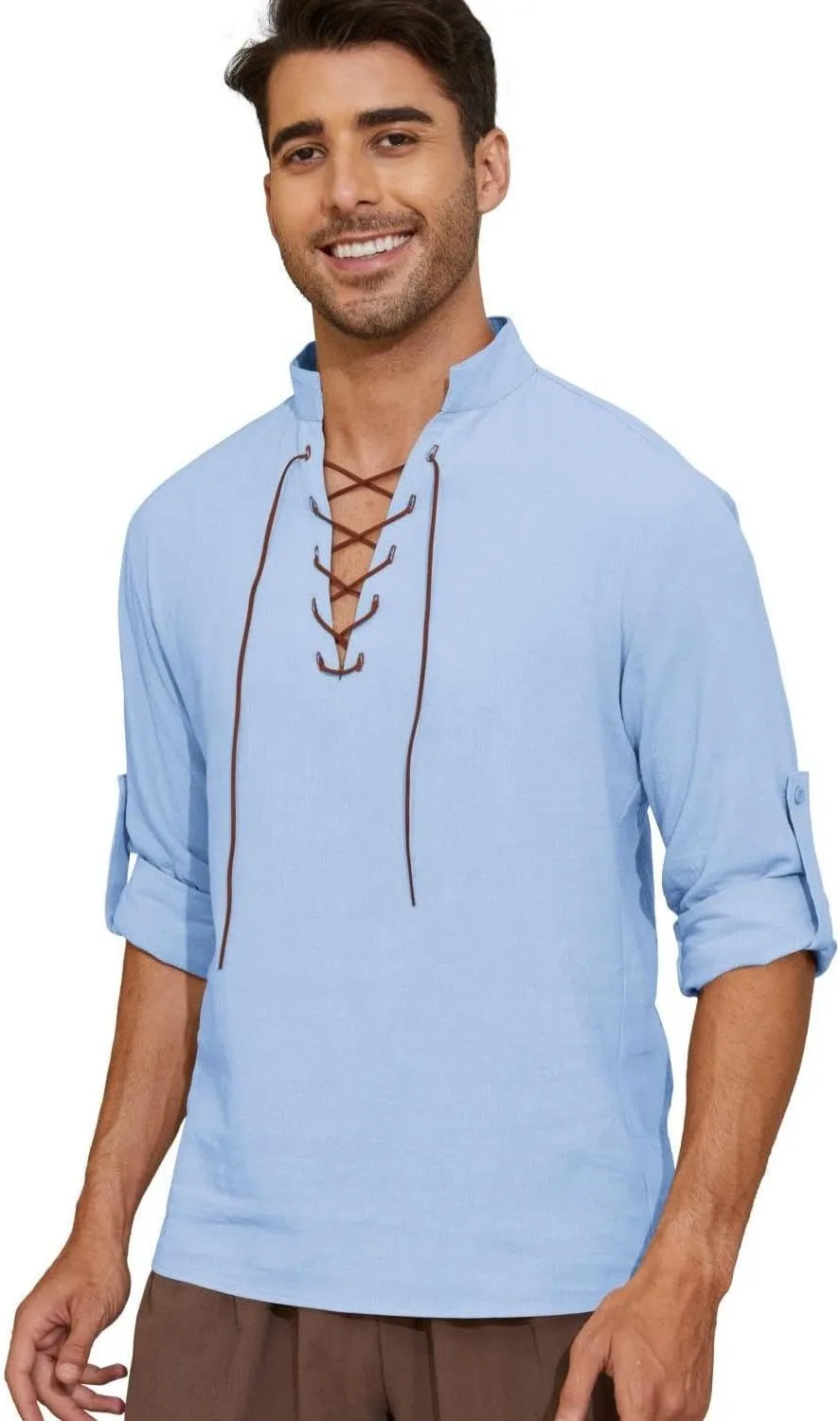 Mens Long Sleeve Shirts Renaissance Viking Pirate Cosplay,Cotton Breathable,US Size S-3XL