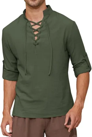 Mens Long Sleeve Shirts Renaissance Viking Pirate Cosplay,Cotton Breathable,US Size S-3XL