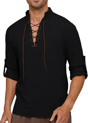 Mens Long Sleeve Shirts Renaissance Viking Pirate Cosplay,Cotton Breathable,US Size S-3XL