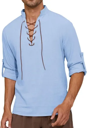 Mens Long Sleeve Shirts Renaissance Viking Pirate Cosplay,Cotton Breathable,US Size S-3XL