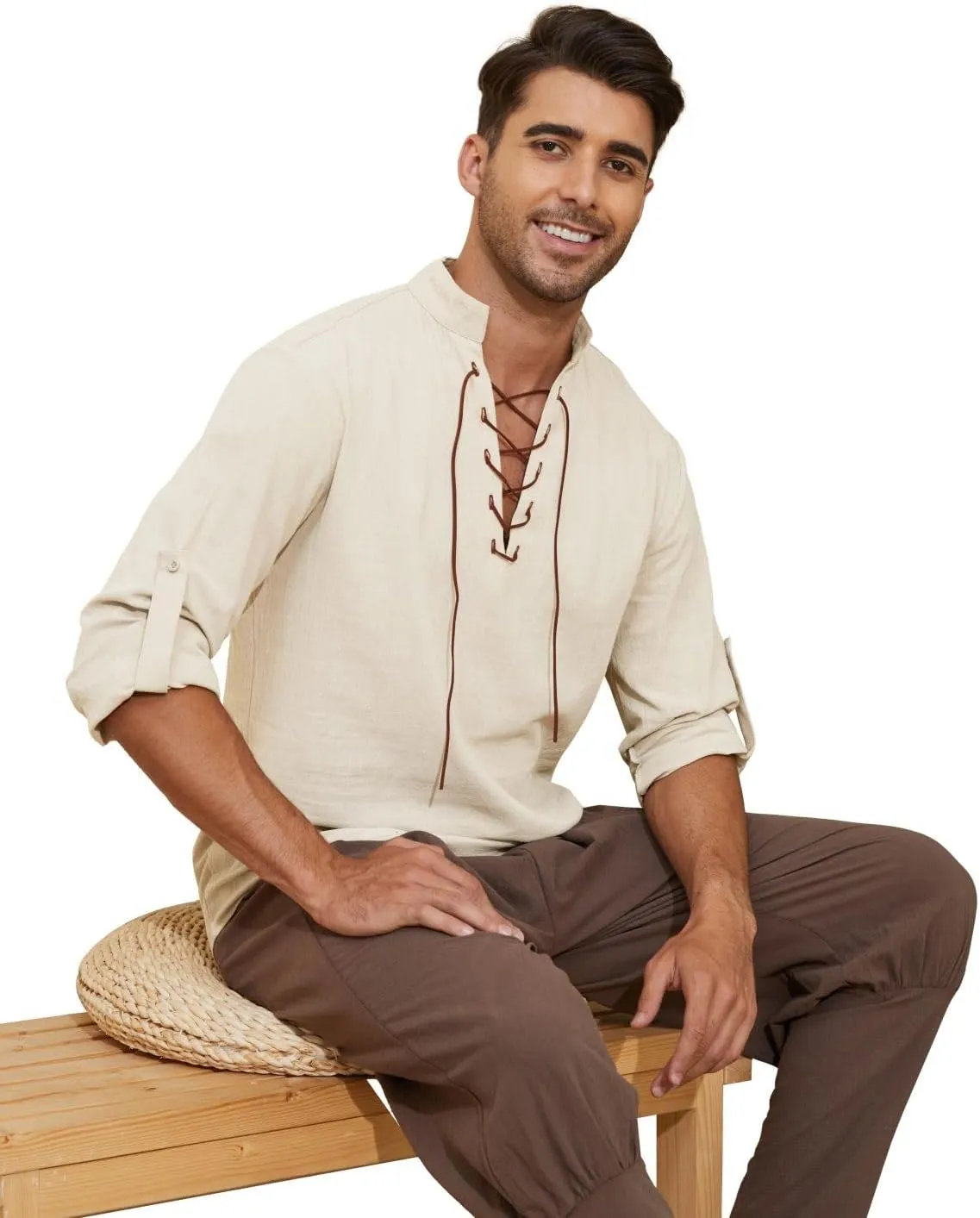 Mens Long Sleeve Shirts Renaissance Viking Pirate Cosplay,Cotton Breathable,US Size S-3XL