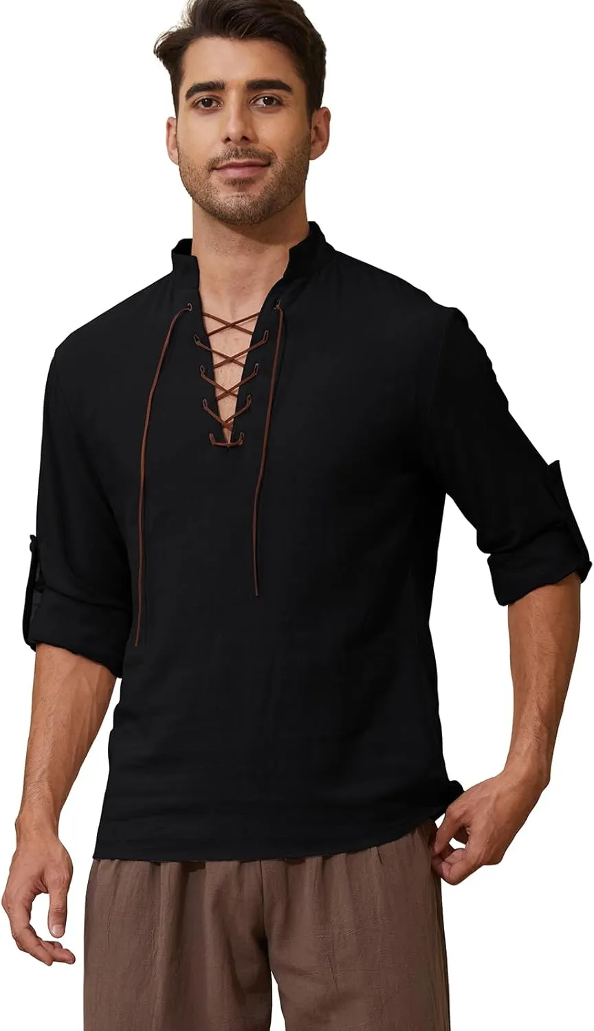 Mens Long Sleeve Shirts Renaissance Viking Pirate Cosplay,Cotton Breathable,US Size S-3XL