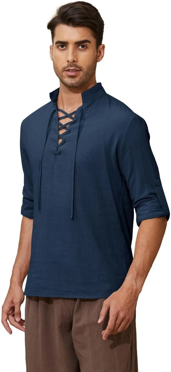 Mens Long Sleeve Shirts Renaissance Viking Pirate Cosplay,Cotton Breathable,US Size S-3XL