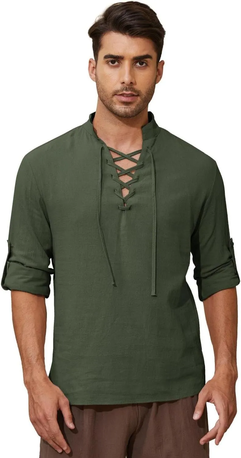 Mens Long Sleeve Shirts Renaissance Viking Pirate Cosplay,Cotton Breathable,US Size S-3XL